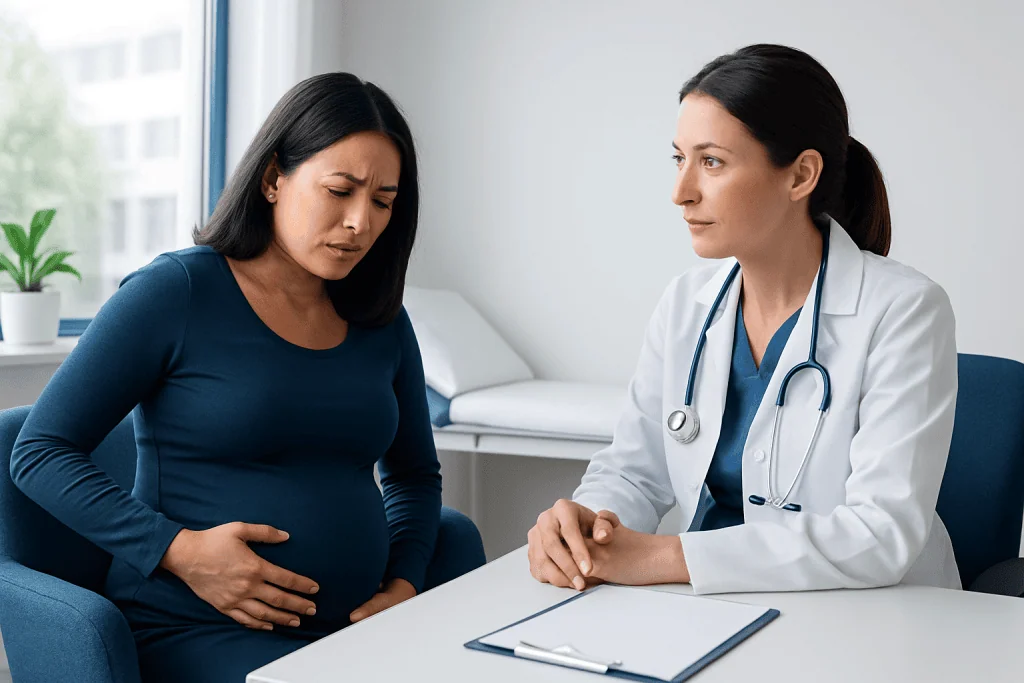 Pregnant woman consulting with a doctor about abdominal pain.