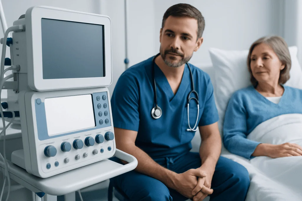 Doctor with patient in hospital room near medical monitoring equipment.