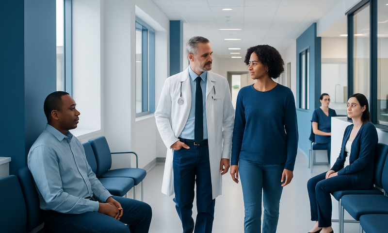 Pancreatic Cancer New Treatment 2026: How It Works, Results and What to Expect 11 Doctor consulting with patient in hospital corridor.