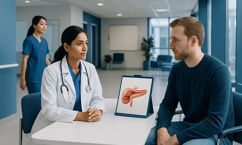 Doctor explaining pancreas health to patient in a medical consultation.