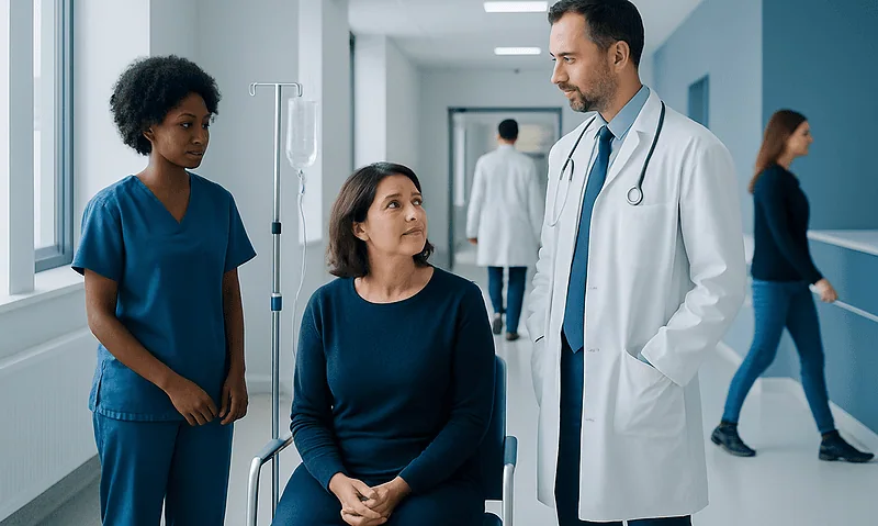 Doctor consulting a patient in a hospital corridor with medical staff nearby.