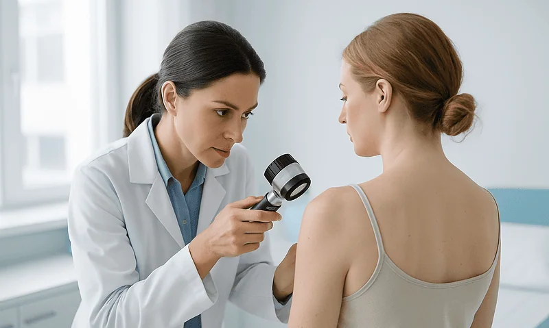 Dermatologist examining patient's skin with a magnifying glass in a clinic.