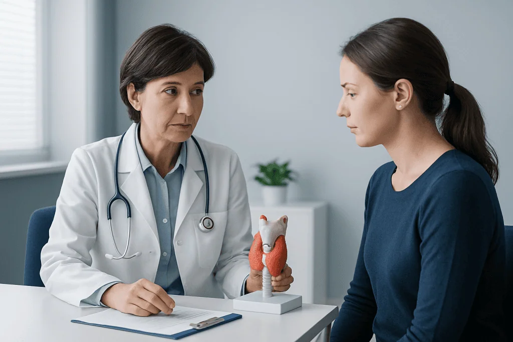Doctor explaining thyroid health to a patient with a thyroid model.