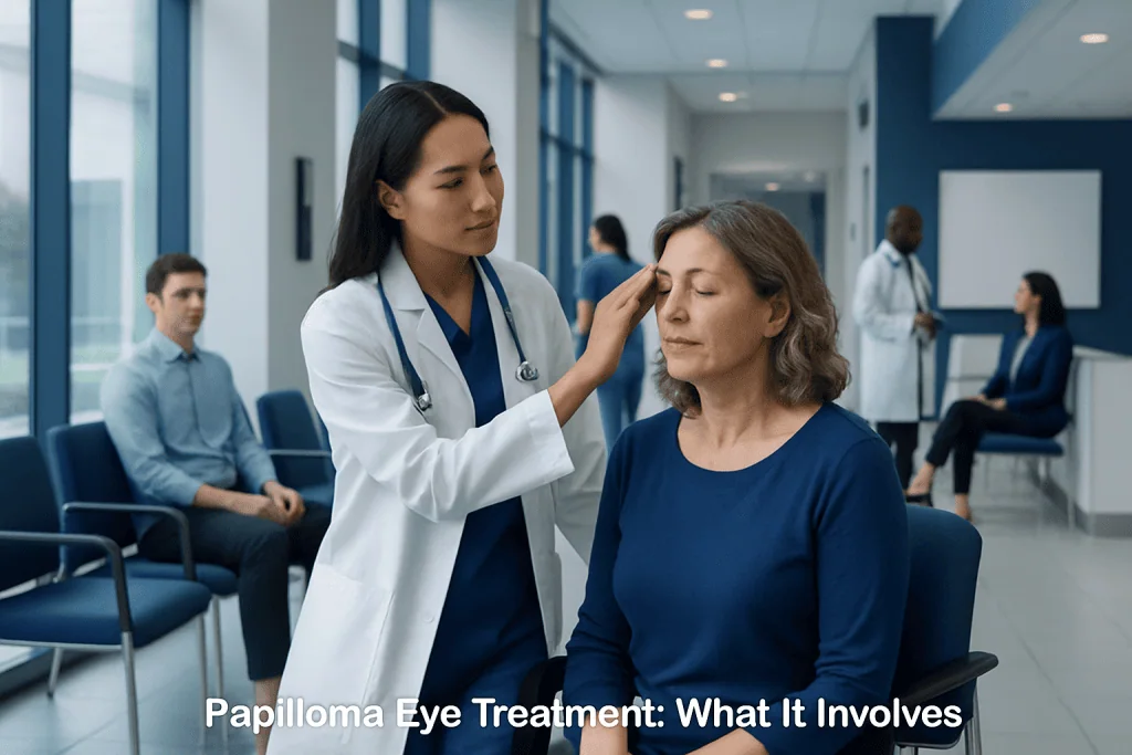 Papilloma Eye Treatment: How It Works, Results and What to Expect 1 Doctor examining a woman's eye in a modern hospital setting.