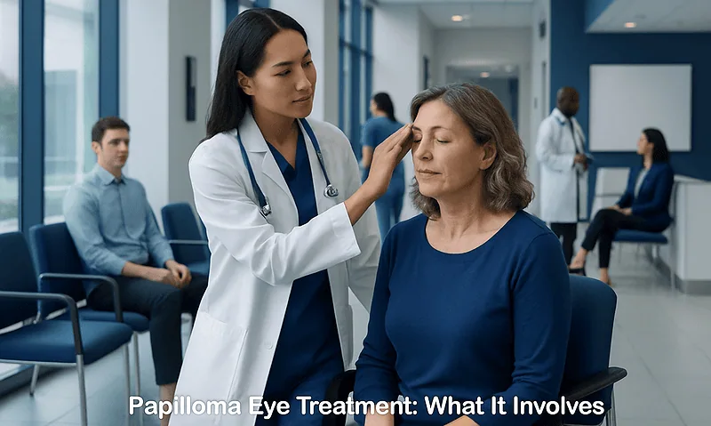 Doctor examining a woman's eye in a modern hospital setting.