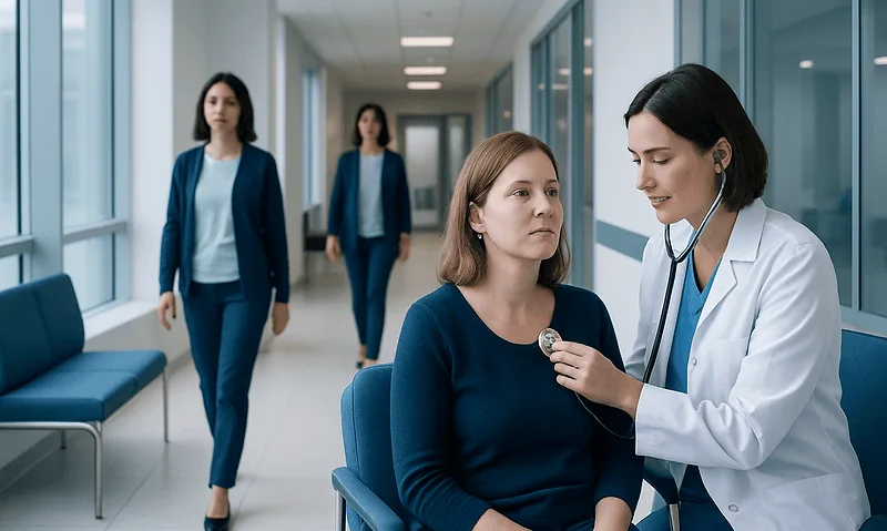 Doctor examining a patient in a hospital corridor with two women walking behind.
