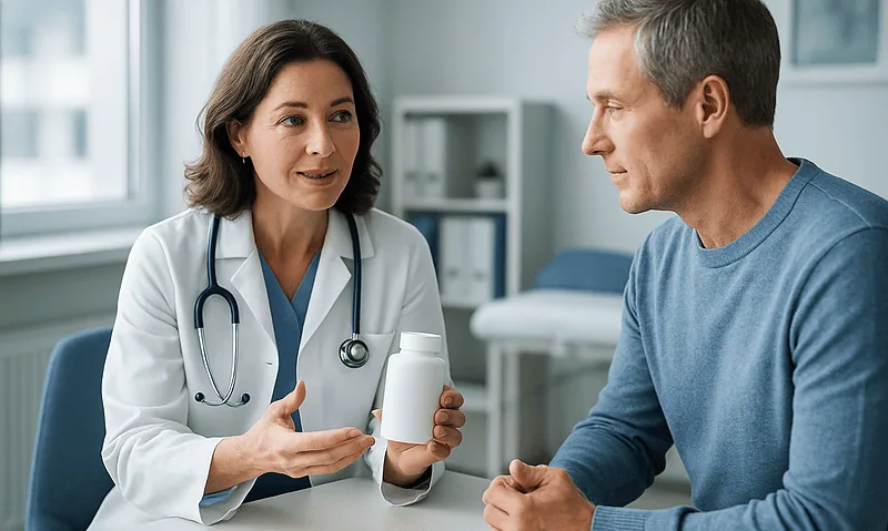 Doctor explaining medication to a male patient in a clinic setting.