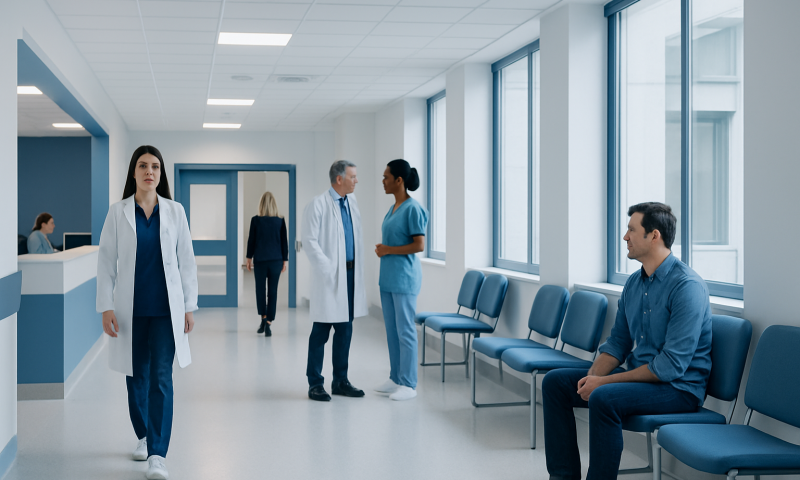 Parasomnia Treatment: How It Works, Results and What to Expect 9 Medical professionals and patient in a modern hospital corridor.