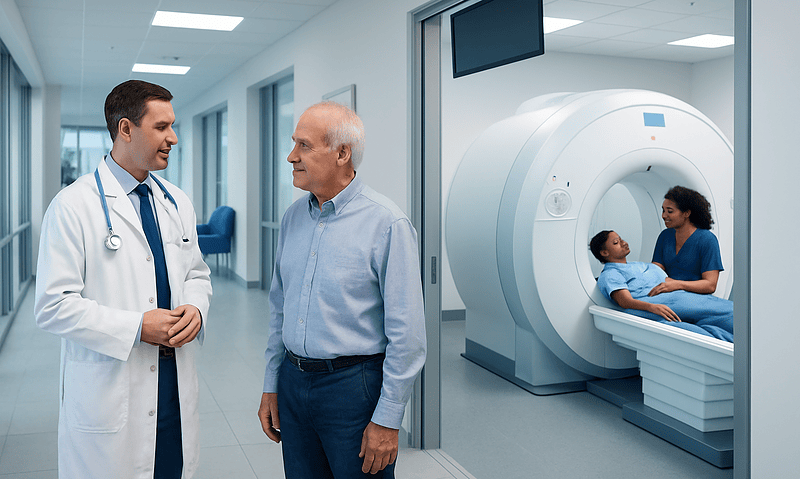 Doctor consulting with patient before MRI scan at Acibadem Hospital.