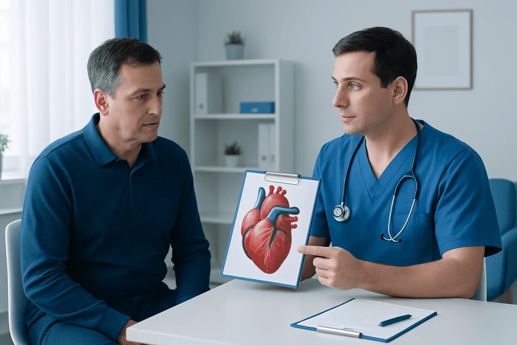Doctor explaining heart health to patient with heart diagram.