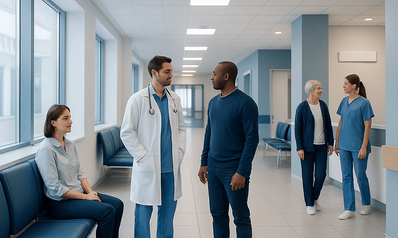 Medical team discussing patient care in hospital corridor.