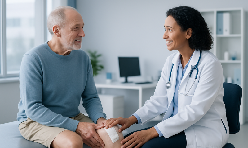 Doctor consulting with elderly patient about knee pain treatment options.