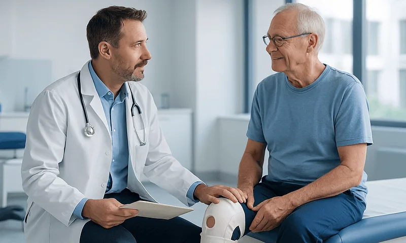 Doctor consulting with elderly patient about knee health in clinic.