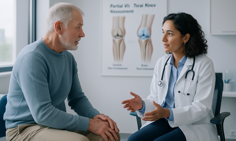 Doctor explaining knee replacement options to an elderly patient.