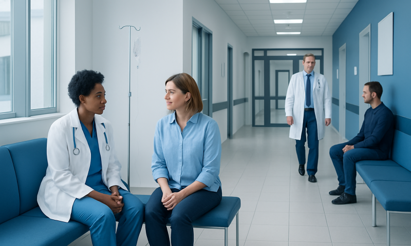 Medical consultation in hospital corridor with healthcare professionals and patient.