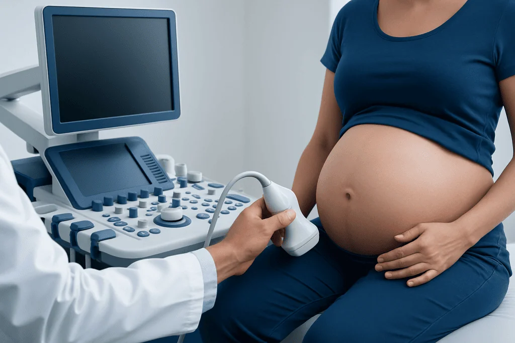 Pregnant woman having an ultrasound at a hospital.