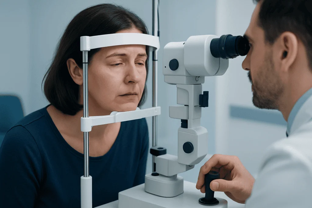 Optometrist examines patient's eyes with slit lamp in clinic.