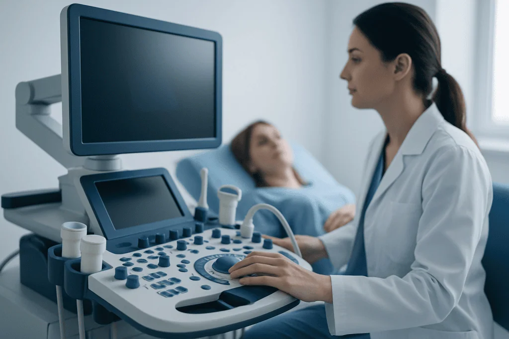 Medical professional performing an ultrasound on a patient in a hospital room.
