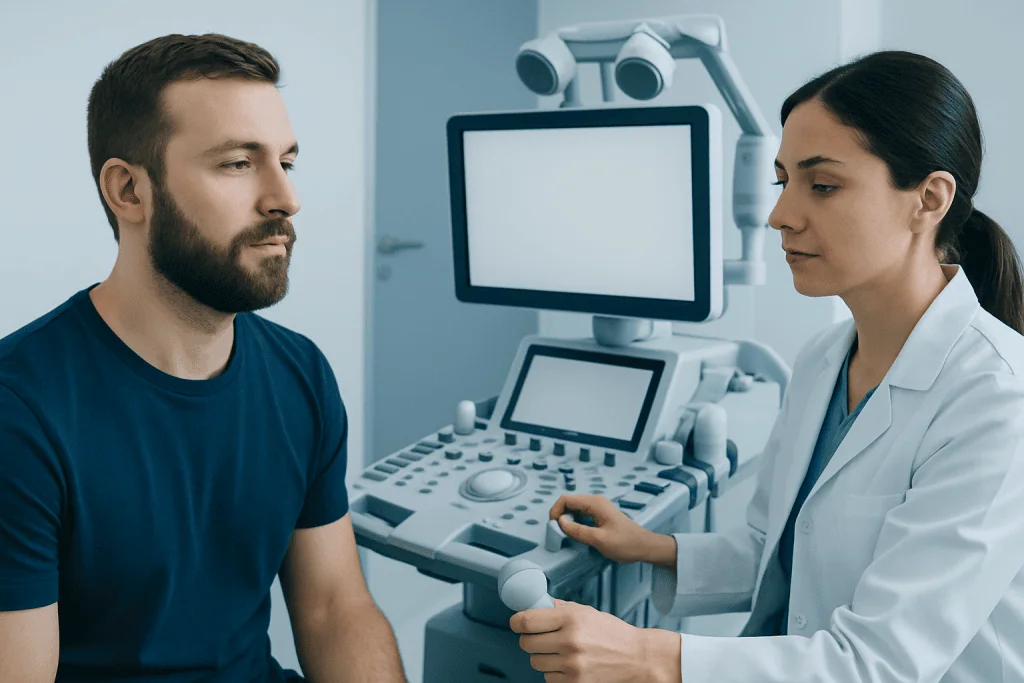Doctor performing ultrasound examination on male patient in clinic.