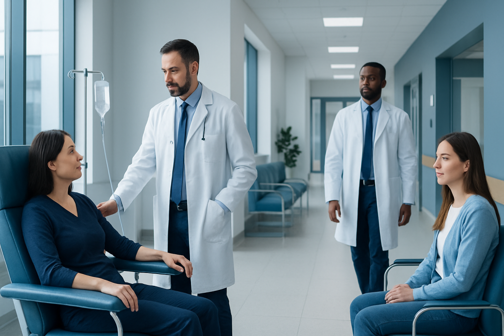 Pbsc Transplant: Procedure, Recovery and Results 1 Doctors consulting with patients in a hospital corridor.