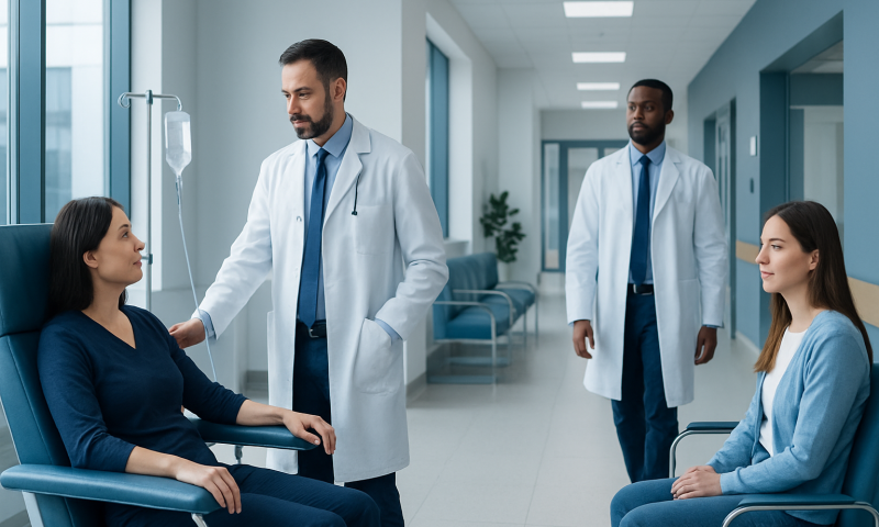 Doctors consulting with patients in a hospital corridor.