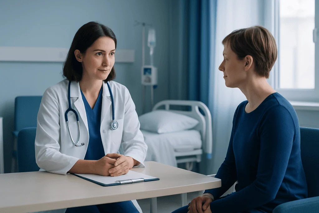 Doctor consulting with a patient in a hospital room for transplant care.