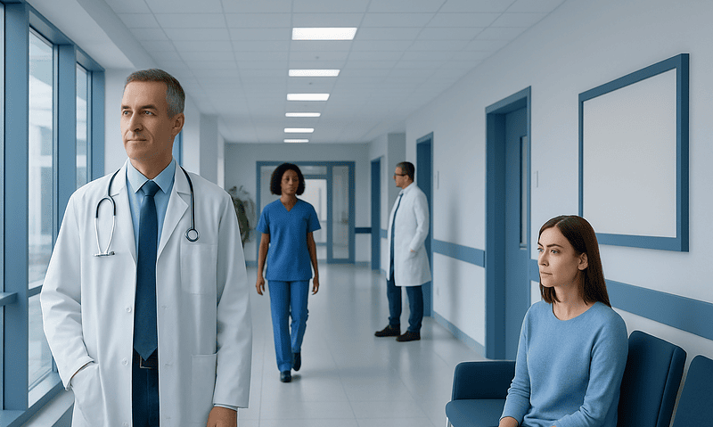 Medical professionals and patient in hospital corridor at Acibadem Hospitals Group.