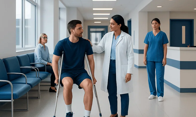Patient with crutches talking to doctor in hospital corridor.