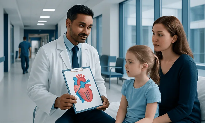 Doctor explaining heart health to a mother and daughter in a hospital corridor.