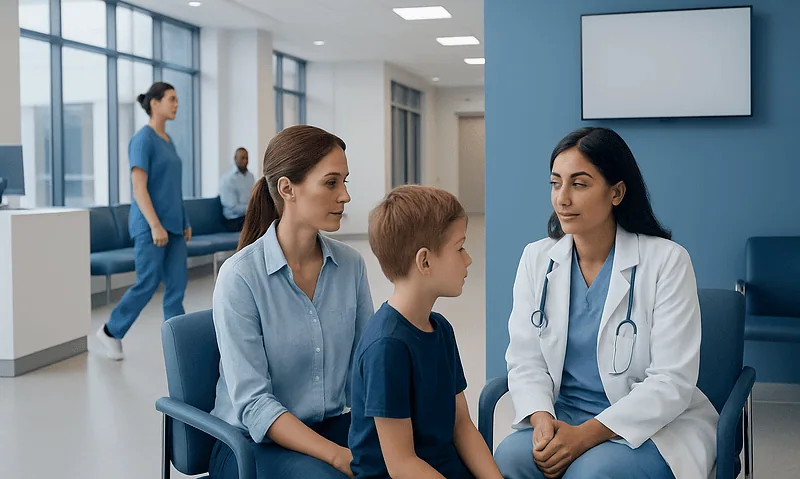 Doctor consulting young patient with mother in hospital waiting area.