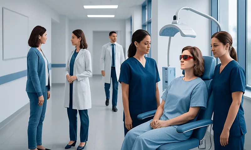 Medical team preparing patient for laser treatment in hospital.