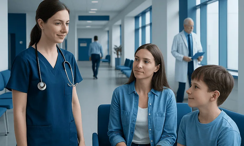 Healthcare professional talking to young patient and guardian in hospital corridor.