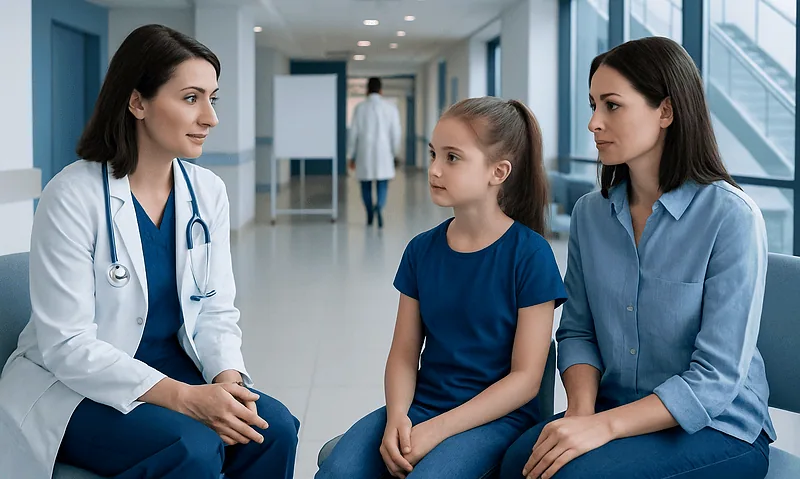 Pediatric patient consulting with doctors in hospital corridor.