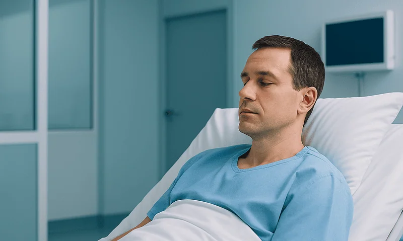 Male patient resting in hospital bed at Acibadem Hospital.