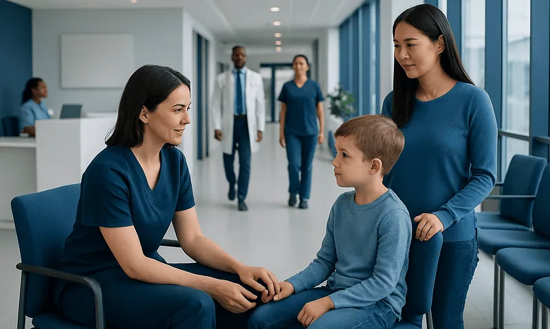 Pediatric therapy evaluation in a modern hospital setting with children and healthcare professionals.