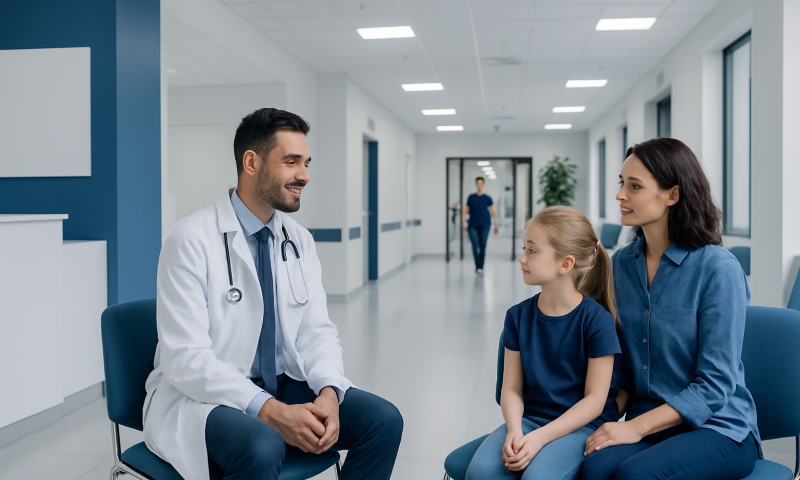 Pediatric consultation at a hospital with a doctor, mother, and daughter.