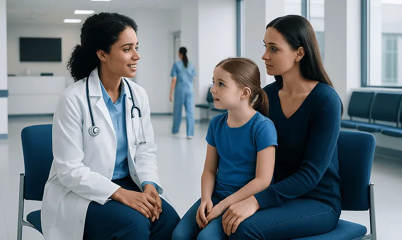 Pediatric consultation at Acibadem Hospital with doctor and mother.