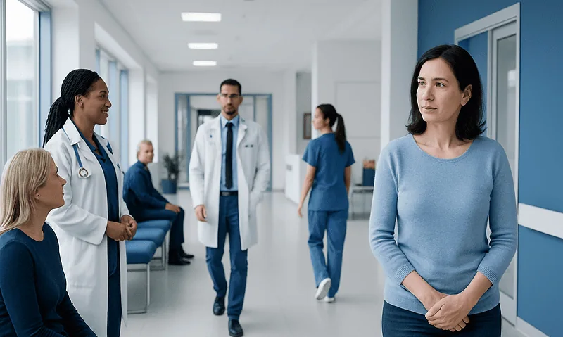Women waiting in a hospital corridor with medical staff present.