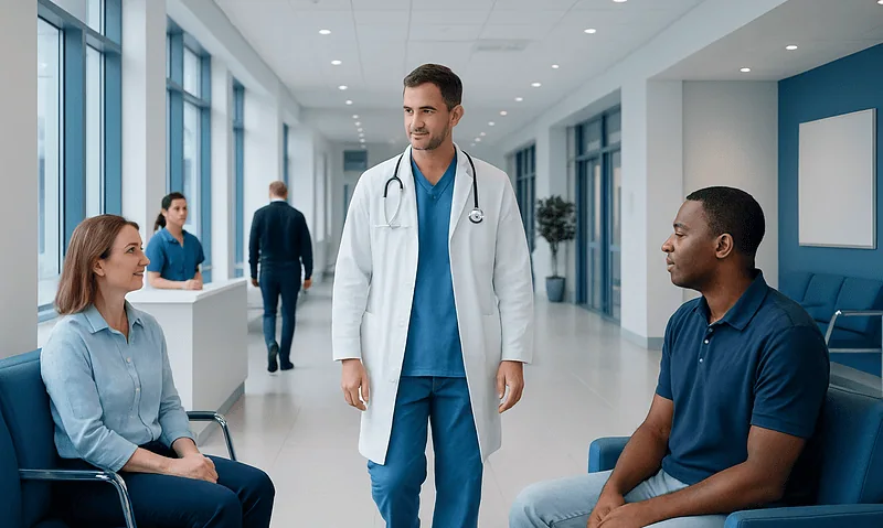 Doctor consulting with male and female patients in hospital corridor.