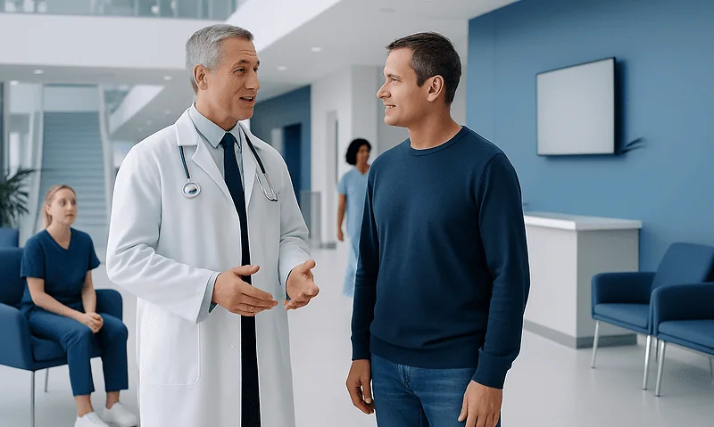 Urologist consulting with a patient in a modern hospital corridor.