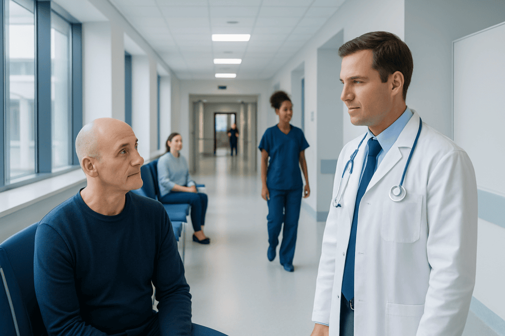 Penile Lymphocele Treatment: How It Works, Results and What to Expect 1 Doctor consulting with patient in hospital corridor at Acibadem Hospitals Group.