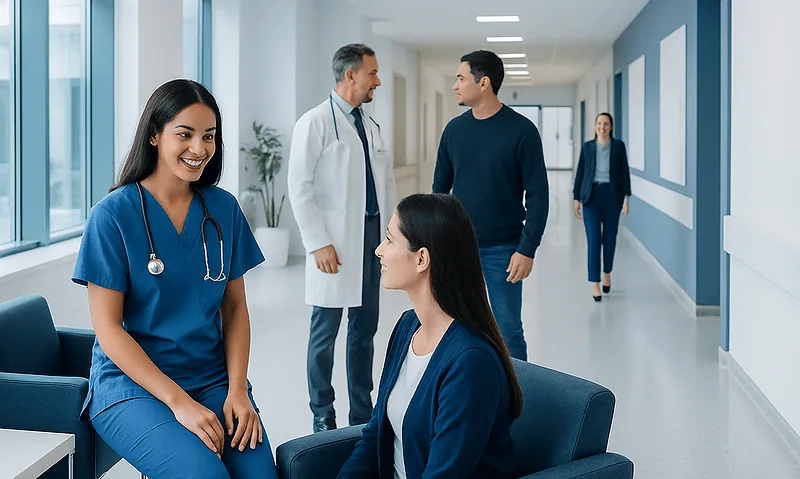 Healthcare professionals and patients in a hospital corridor at Acibadem Hospitals Group.