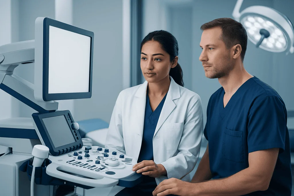Medical professionals using ultrasound equipment in a hospital setting.