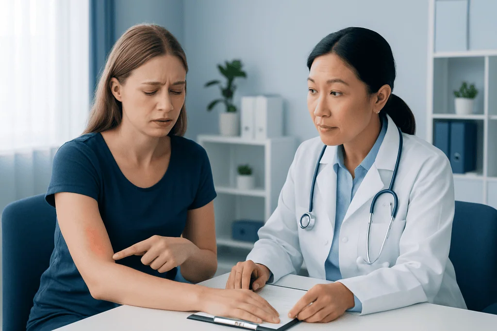 Doctor explaining allergy symptoms to a patient in a clinic setting.