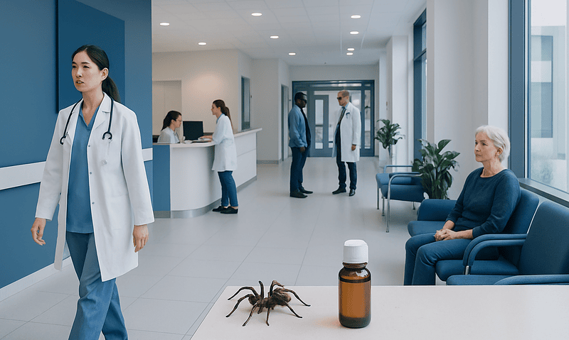 Medical clinic with doctors, patient, spider, and medicine bottle in waiting area.