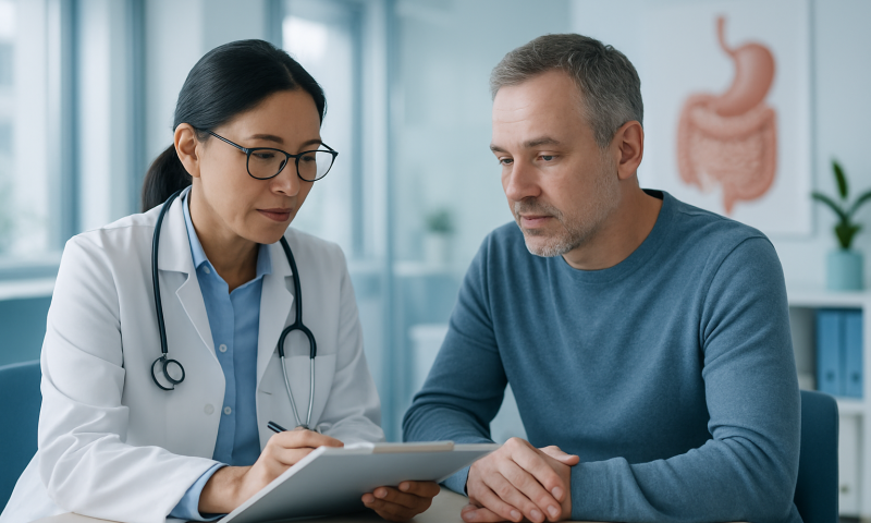 Doctor consulting with male patient in a medical office.