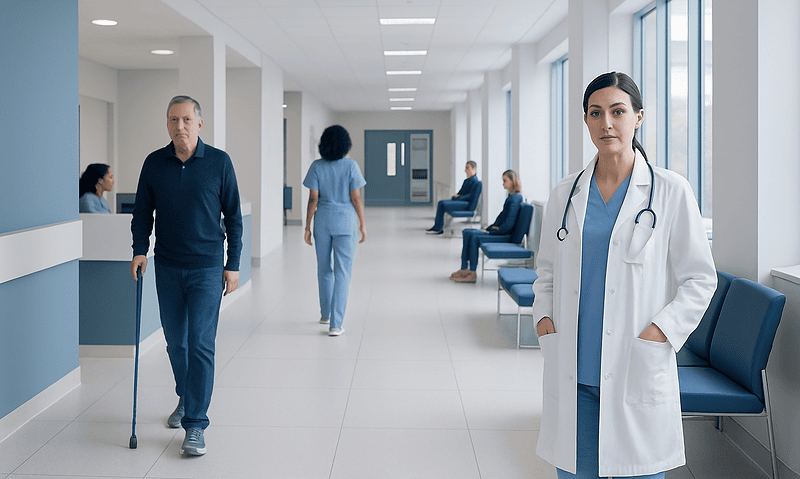 Perceval Valve: An Evidence-Based Patient Guide 4 Healthcare professionals and patients in a modern hospital corridor.