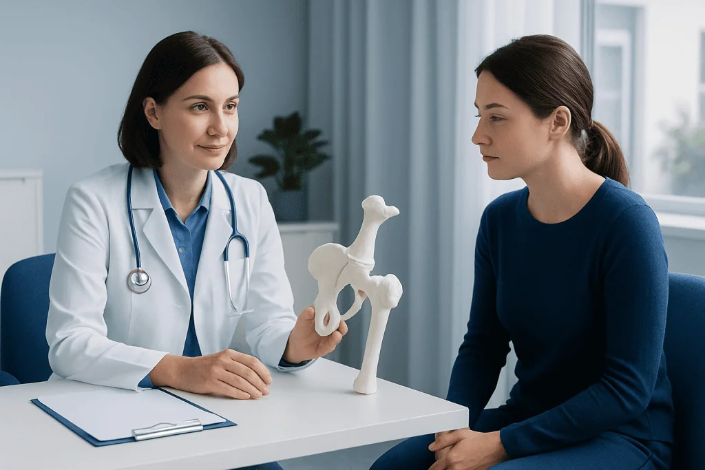 Doctor explaining hip anatomy to patient with a model of the pelvis.