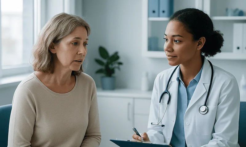 Doctor consulting with middle-aged woman about health concerns in clinic.