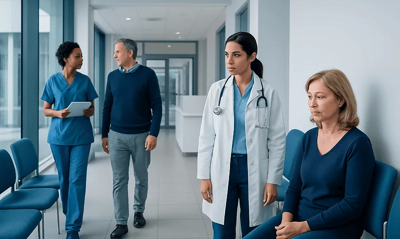 Medical team consulting with patient in hospital corridor.